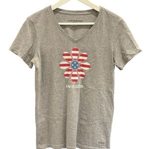Life is Good Gray Tee Shirt Size Small American Flag 4th of July Floral